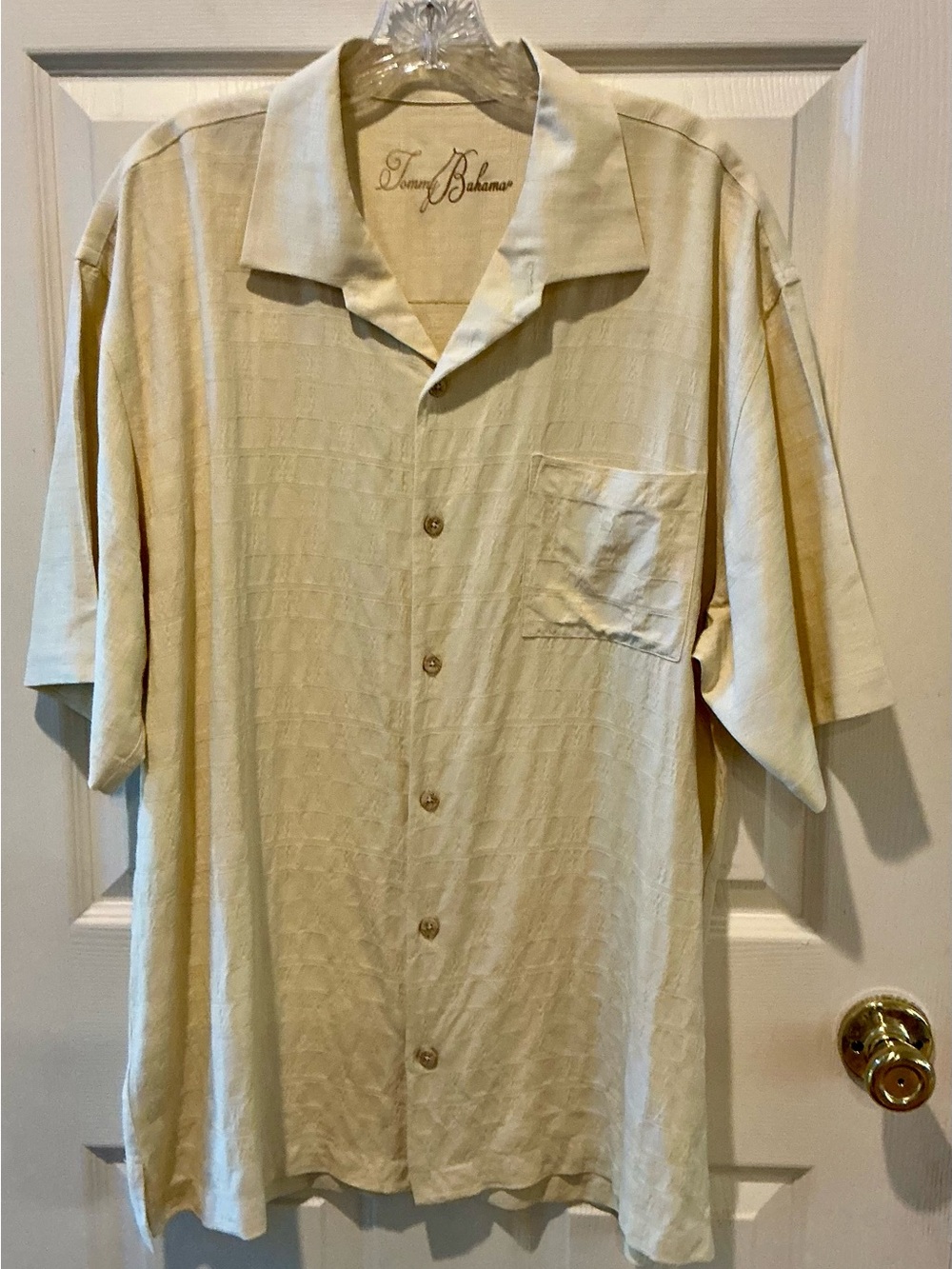 Tommy Bahama Men's Silk Pale Yellow/Cream Short-Sleeve Button Camp Shirt SZ XL